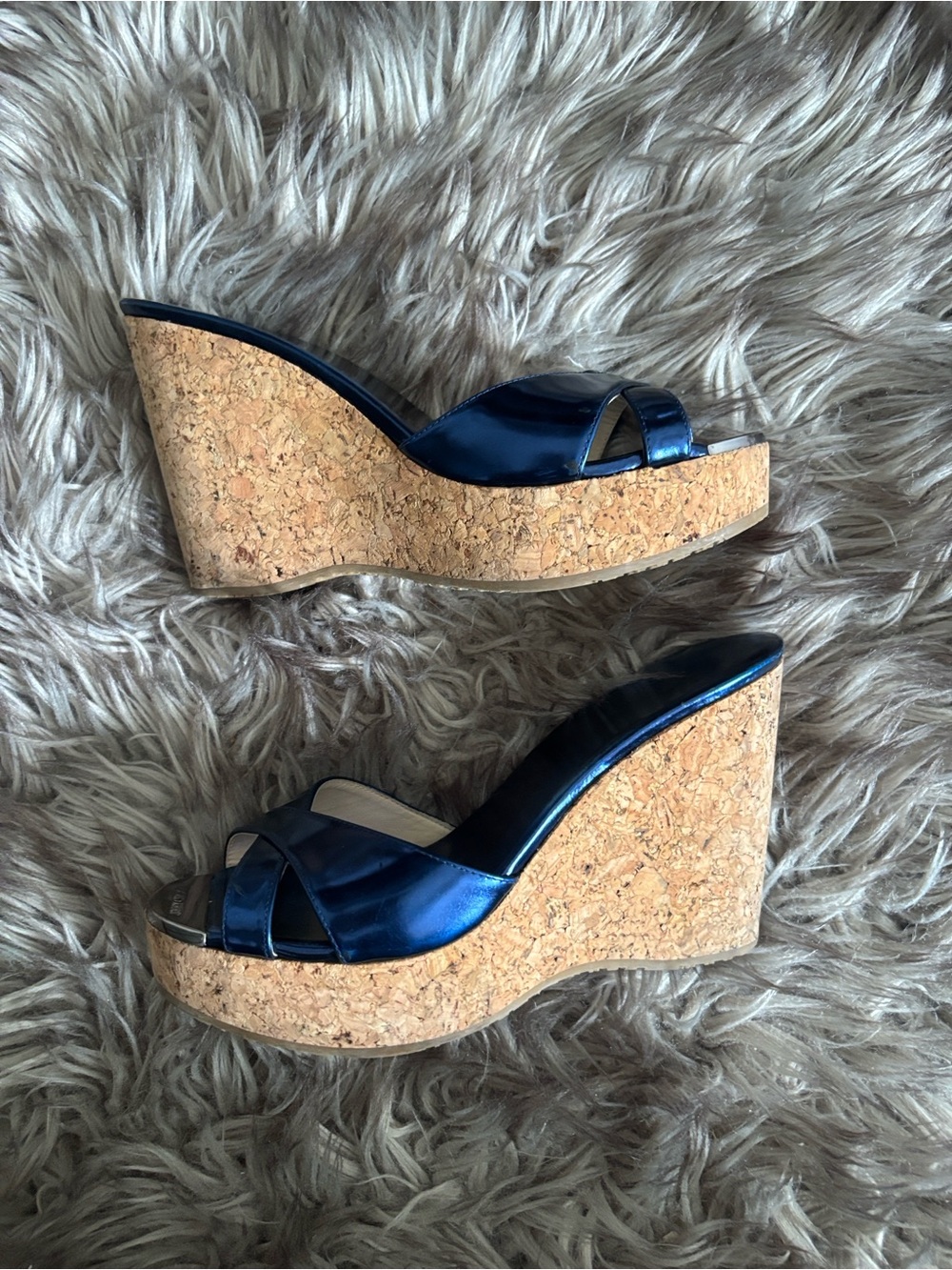 Jimmy Choo Prima Metallic Blue Patent Leather Cork Wedge Sandals EU 37 - Picture 4 of 5